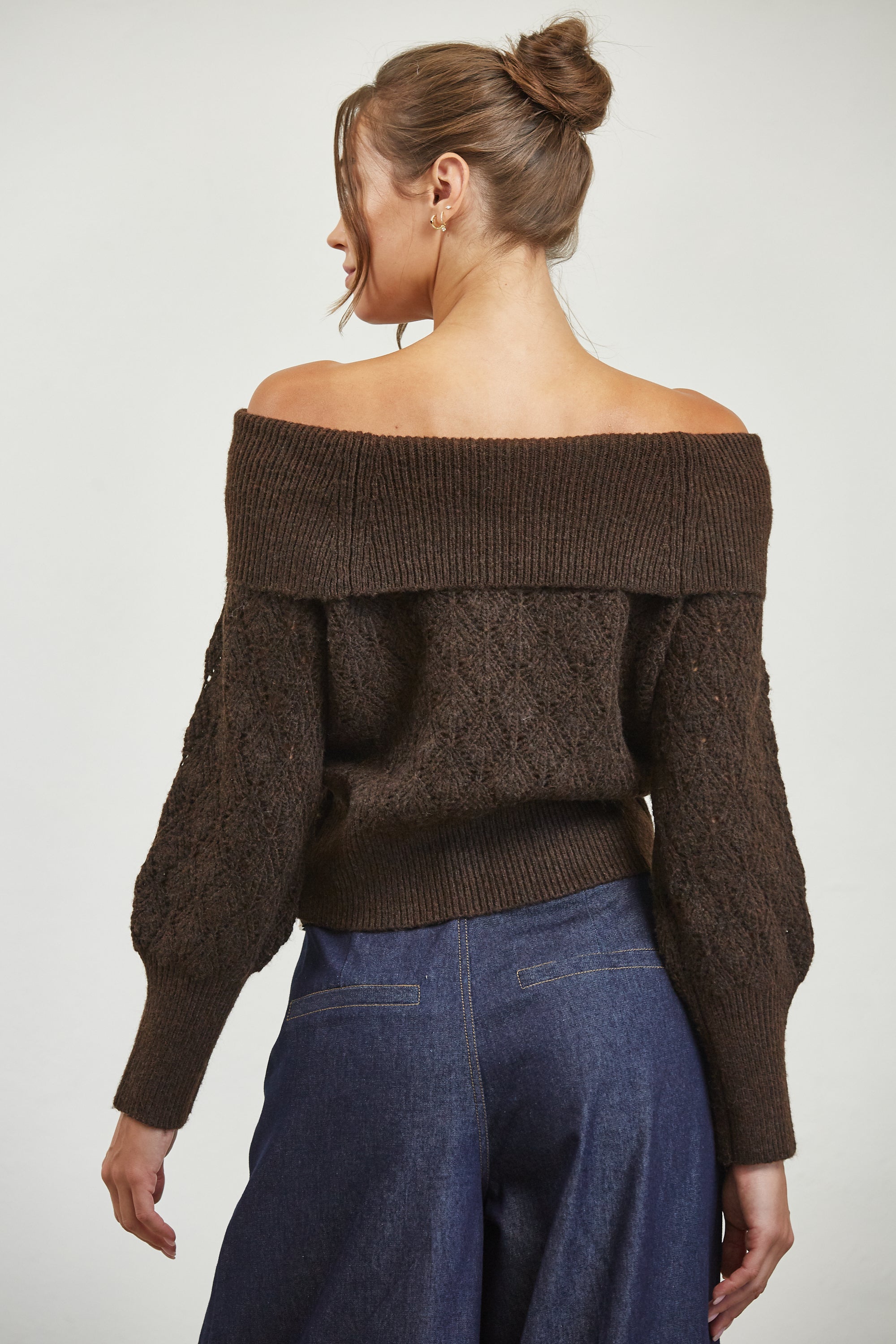 Off Shoulder Pattern Sweater - brown, womens sweater collection