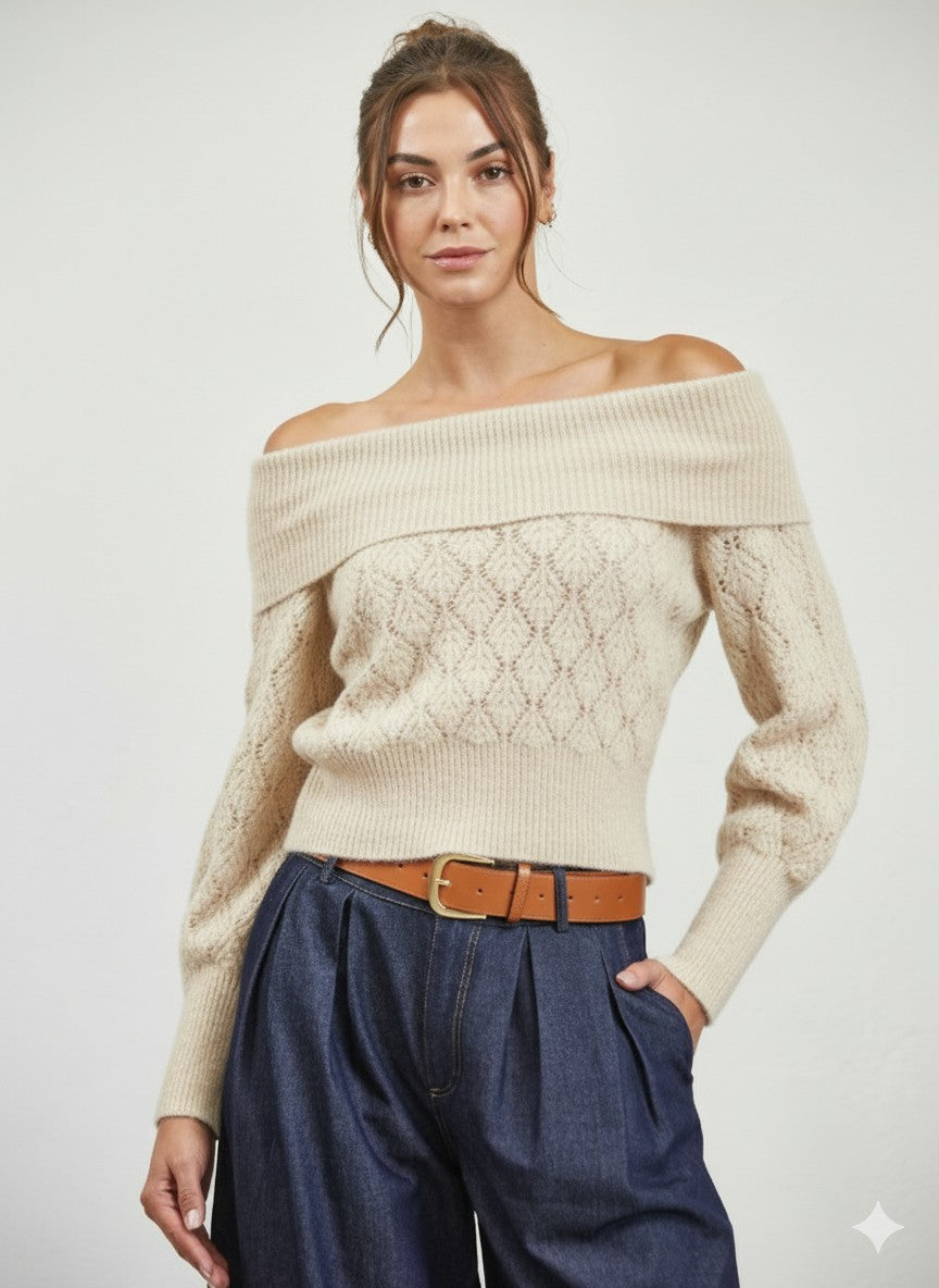 Off Shoulder Pattern Sweater - ivory, womens sweater collection