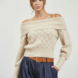 Off Shoulder Pattern Sweater - ivory, womens sweater collection