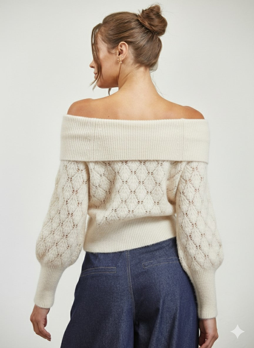 Off Shoulder Pattern Sweater - ivory, womens sweater collection