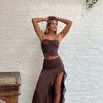 Shirred Tube Top And Ruffle Skirt - brown, womens matching set collection