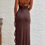 Shirred Tube Top And Ruffle Skirt - brown, womens matching set collection