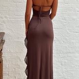 Shirred Tube Top And Ruffle Skirt - brown, womens matching set collection