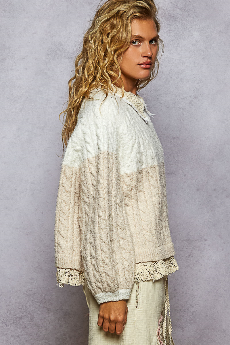 Sweater With Lace Underlay - White/Pink, Women's Tops Collection
