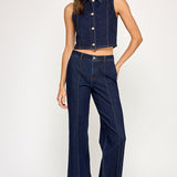 Sleeveless Cropped Denim Vest - Dark Denim, Women's Tops Collection
