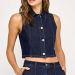 Sleeveless Cropped Denim Vest - Dark Denim, Women's Tops Collection