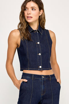 Sleeveless Cropped Denim Vest - Dark Denim, Women's Tops Collection
