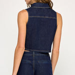 Sleeveless Cropped Denim Vest - Dark Denim, Women's Tops Collection