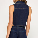 Sleeveless Cropped Denim Vest - Dark Denim, Women's Tops Collection