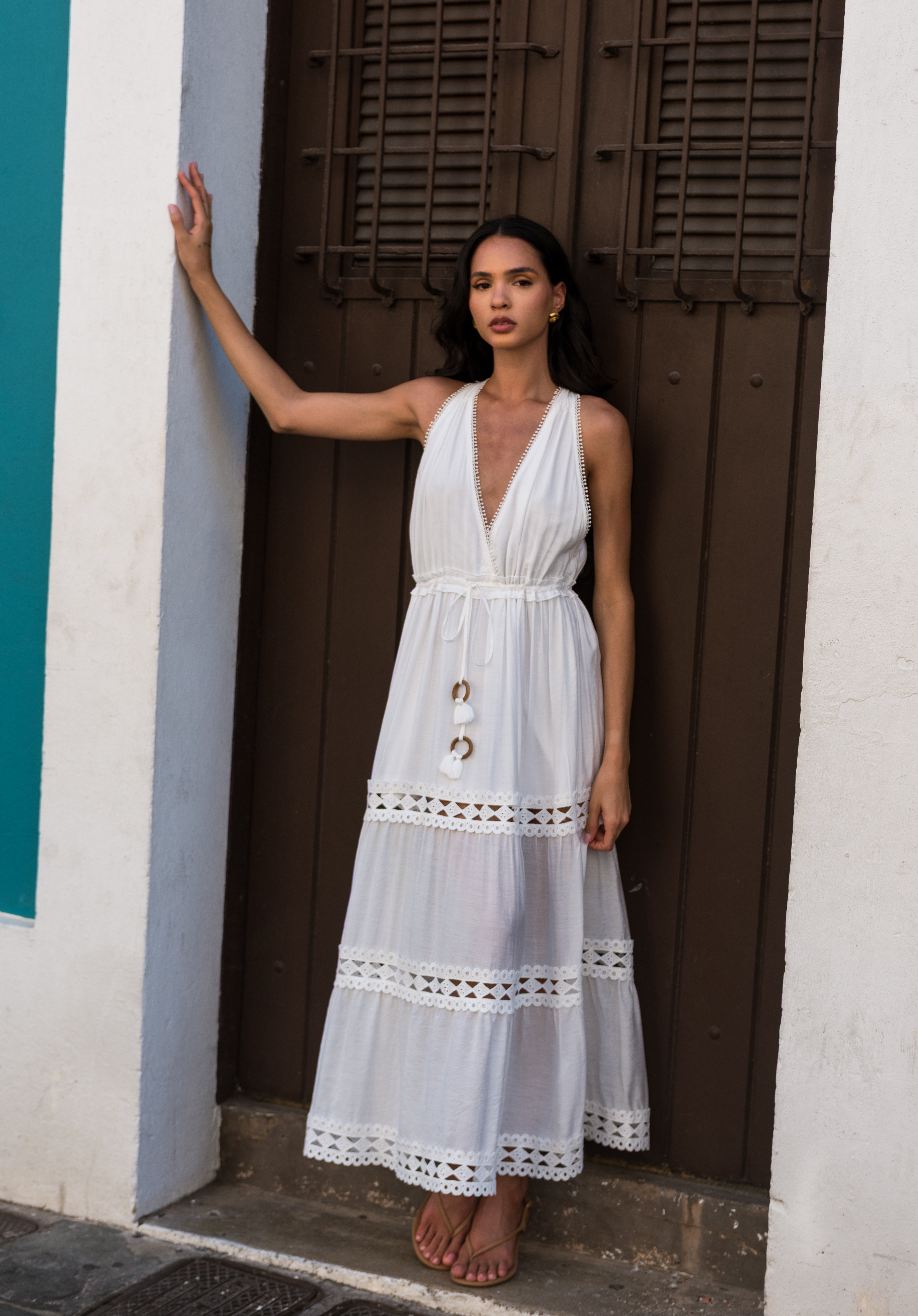 V Neck Tie Front Maxi Dress White / M V Neck Tie Front Maxi Dress White / M