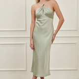 Halter Neck Front Cutout Satin Midi Dress