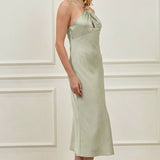 Halter Neck Front Cutout Satin Midi Dress