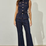 Gold Button Down Denim Sleeveless - Indigo, Women's Tops Collection
