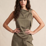 Crinkled Satin Mock Neck Top With Buckle