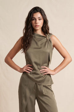 Crinkled Satin Mock Neck Top With Buckle