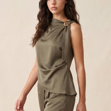 Crinkled Satin Mock Neck Top With Buckle