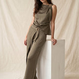 Satin Asymmetrical Waist Pant With Buckle