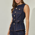 Gold Button Down Denim Sleeveless - Indigo, Women's Tops Collection