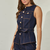 Gold Button Down Denim Sleeveless - Indigo, Women's Tops Collection