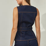 Gold Button Down Denim Sleeveless - Indigo, Women's Tops Collection