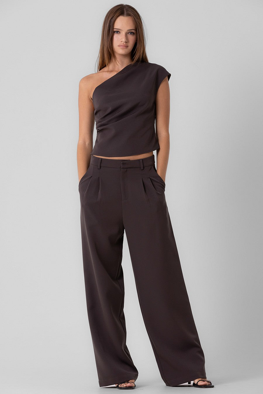 Pleated One Shoulder Top and Pant Set - espresso, womens matching set collection