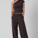 Pleated One Shoulder Top and Pant Set - espresso, womens matching set collection