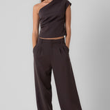 Pleated One Shoulder Top and Pant Set - espresso, womens matching set collection