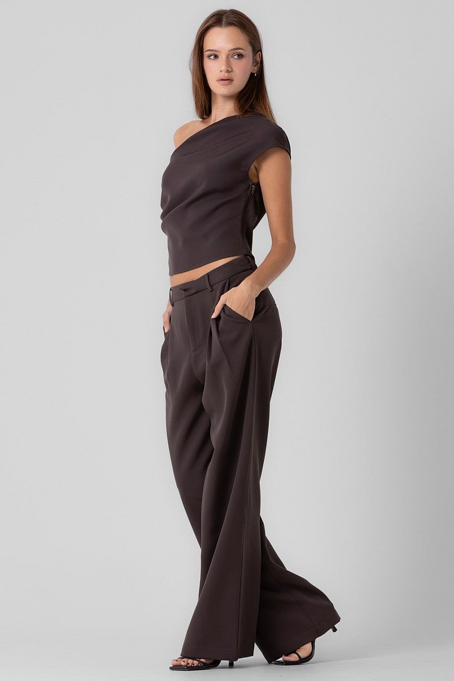 Pleated One Shoulder Top and Pant Set - espresso, womens matching set collection
