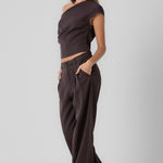 Pleated One Shoulder Top and Pant Set - espresso, womens matching set collection