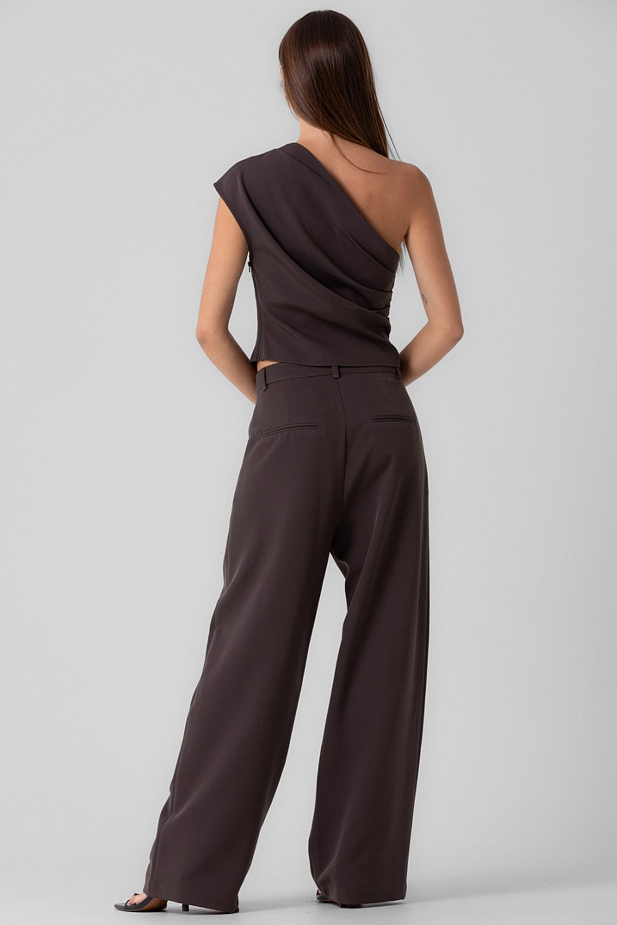 Pleated One Shoulder Top and Pant Set - espresso, womens matching set collection