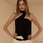 Chocker Neck Strap Button Vest - black, womens top collection