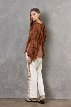 Cotton Straight Leg Pant - Cream, beaded detail on side, women's pants collection