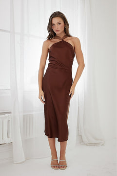 Satin High Neck Dress With Back Sash - Dark Brown, Women's Dresses Collection