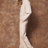 Soft Knit Satin Trim Mock Neck Sweatshirt - taupe, womens sweatshirt/matching set collection 