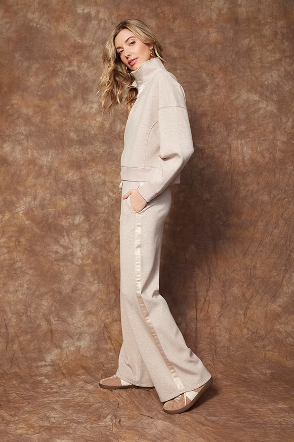 Soft Knit Satin Trim Mock Neck Sweatshirt - taupe, womens sweatshirt/matching set collection 