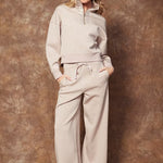 Soft Knit Satin Trim Mock Neck Sweatshirt - taupe, womens sweatshirt/matching set collection 