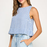 Gingham Linen Scoop Neck Tank