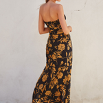 Floral Satin Strapless Maxi Dress - gold and black, womens dresses collection