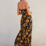 Floral Satin Strapless Maxi Dress - gold and black, womens dresses collection