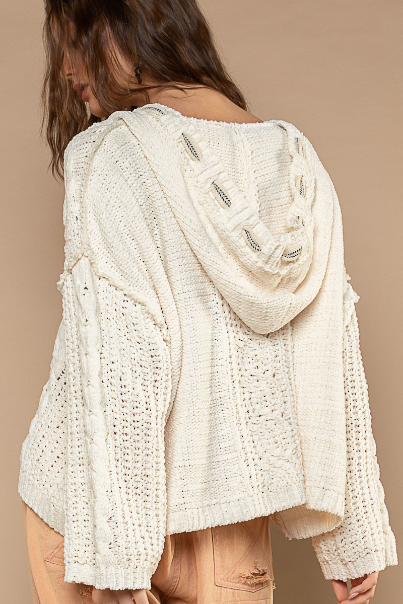 Chunky V Neck Hooded Sweater - cream, womens sweater collection