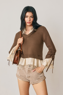 Collared Layered Sweater With Lace Bottom