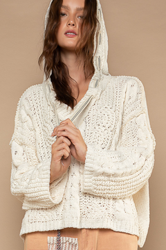 Chunky V Neck Hooded Sweater - cream, womens sweater collection