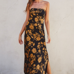 Floral Satin Strapless Maxi Dress - gold and black, womens dresses collection