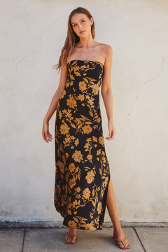 Floral Satin Strapless Maxi Dress - gold and black, womens dresses collection