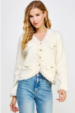 Frayed Trim Textured Cardigan