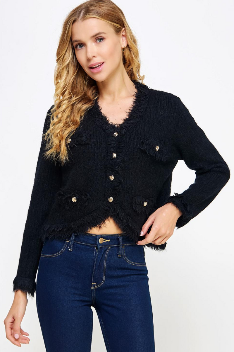 Frayed Trim Textured Cardigan