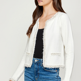 Frayed Pearl Trim Detail Textured Jacket